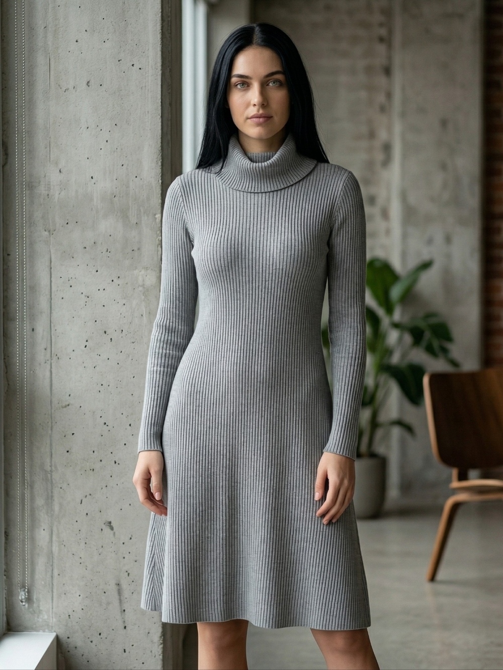 EUC Robbie Bee Size Medium Gray Ribbed Cowl Neck Sweater Dress!!